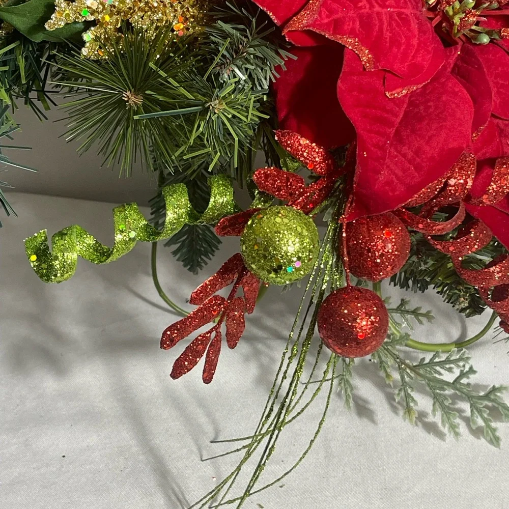 Christmas Wall Swag Poinsettia Red & Green Glitter Picks Holiday Décor